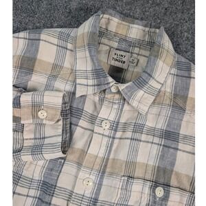 Flint and Tinder Button Down Shirt Mens M Grey Tan Plaid 100% Linen Long Sleeve